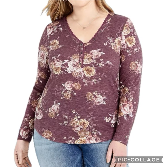 NEW! Maurices Pink Mauve Floral Print Lace Detail V-Neck Long Sleeve Henley Top - Picture 4 of 16
